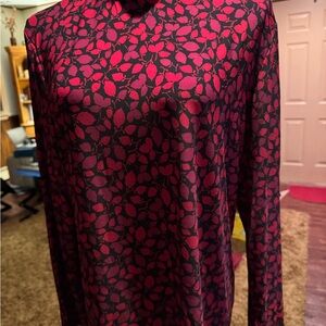 Anne Klein Women's Blouse with Red and Dark Blue/Black Leaf Pattern